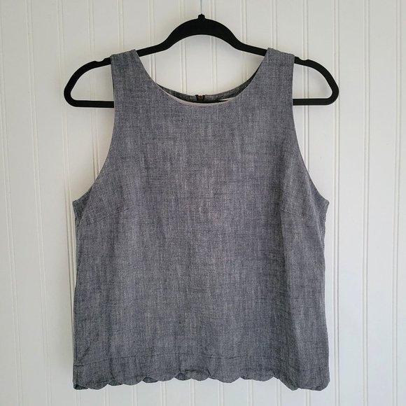Monteau Tops - Monteau blue grey chambray scalloped hem top
